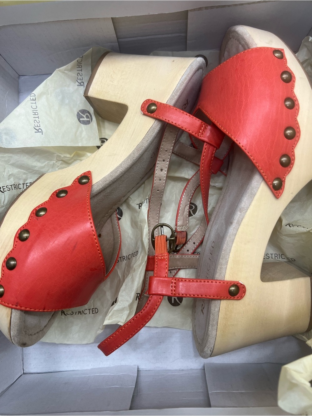Restricted Orange Leather Platform Clog Sandals with Stud Accents